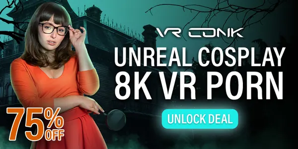 VR Conk promo: cosplay model in glasses, 'Unreal cosplay 8K VR porn, 75% off'